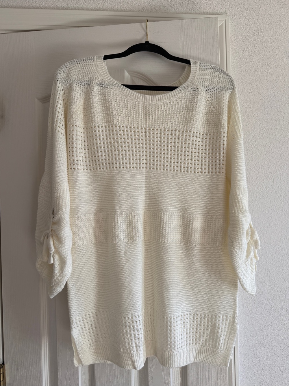 New York & Company Cream Open-Knit Crewneck Sweater